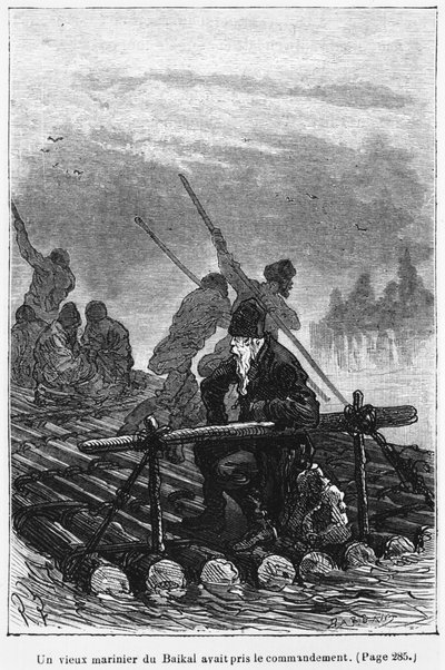 Un vecchio barcaiolo del Baikal prese il comando della zattera, illustrazione da 